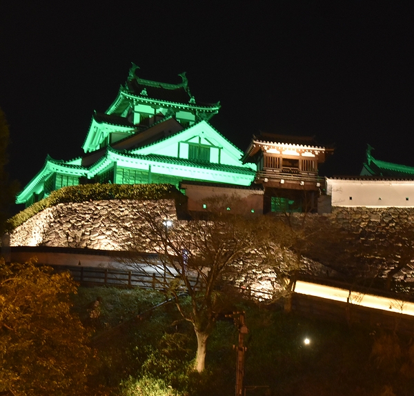 「一人で悩まないで」と福知山城を緑色に　自殺防止月間
