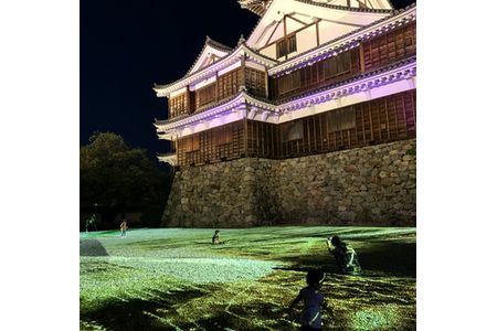 光の水面に浮かぶ福知山城　プロジェクションマッピング幻想的に