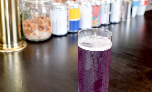 市の花キキョウをイメージ　商議所青年部が紫色のビール開発