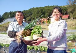 取れたての野菜を受け取る